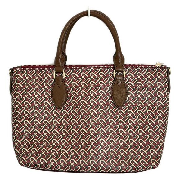 Auth FURLA - Red Dark Brown Khaki Leather Handbag - Picture 2 of 9